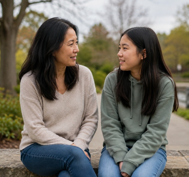 Asian mother and daughter sitting outside talking