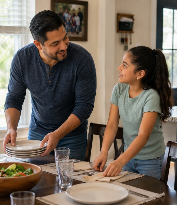 Father and daughter setting kitchen table