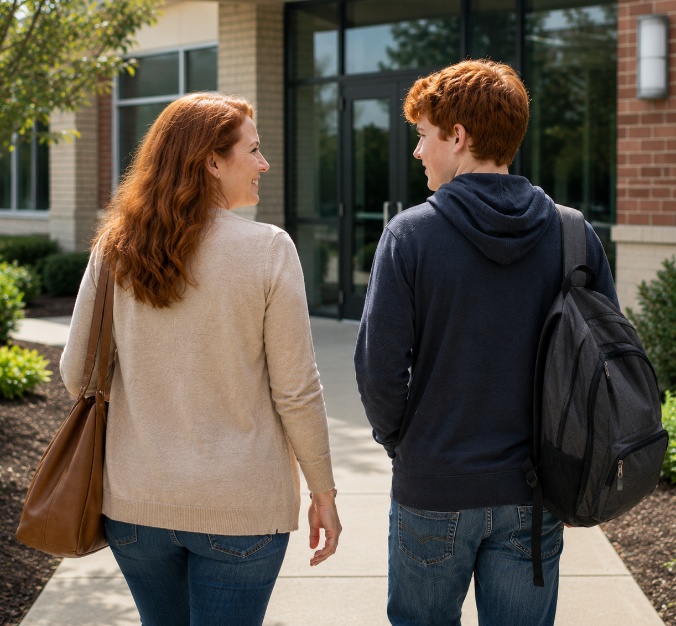 Mother and son entering office building